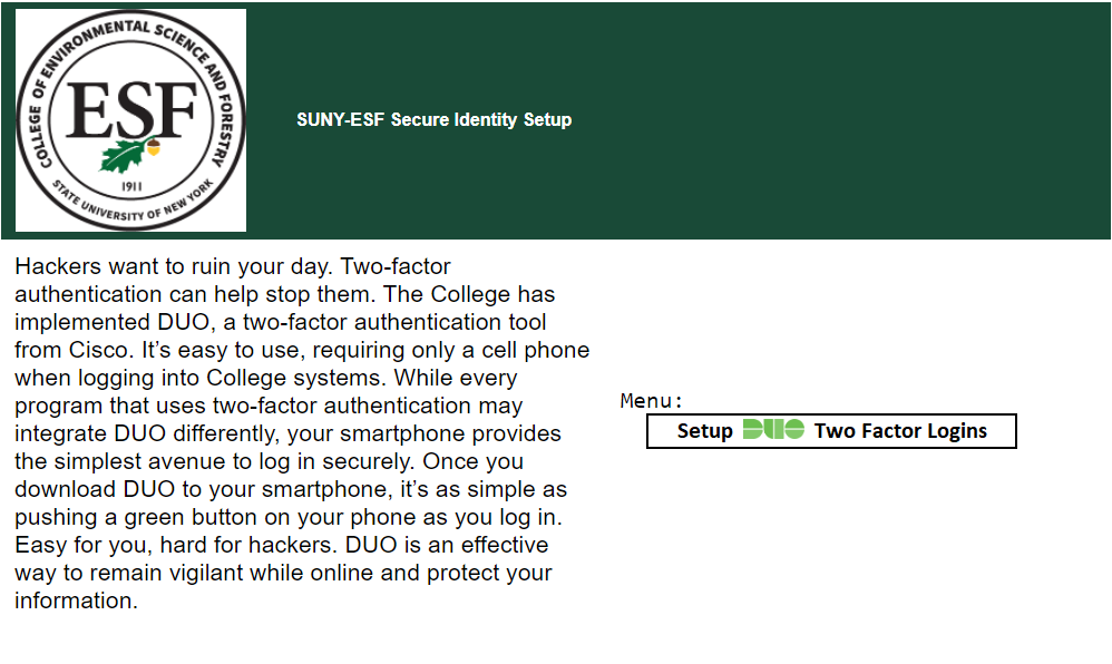 SUNY-ESF Secure Identity Setup Page